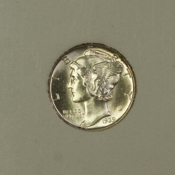 Uncirculated 1939-D Mercury Dime 90 Percent Silver Denver Mint Gem Example: Uncirculated 1939-D Mercury Dime 90 Percent Silver Denver Mint Gem Example This 1939-D Mercury Dime is an uncirculated 10-cent coin minted in Denver, composed of 90% silver. It is a well-preserved exa