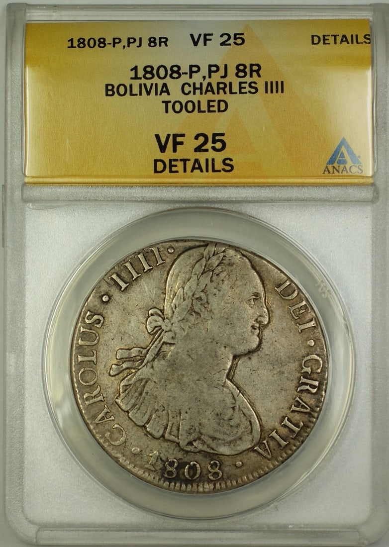 Bolivia 8 Reales 1808 Silver Coin Charles IIII ANACS VF-25 Details: Bolivia 8 Reales 1808 Silver Coin Charles IIII ANACS VF-25 Details This 1808-P PJ Bolivia 8 Reales coin features the portrait of Charles IIII and is certified by ANACS with a VF-25 Details grade. Stru