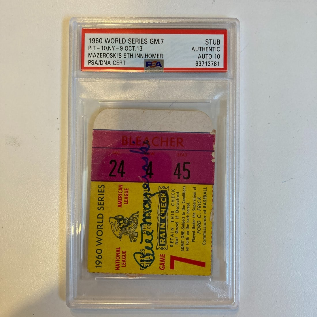 Bill Mazeroski Signed 1960 World Series Game 7 Ticket PSA DNA Gem Mint 10: Bill Mazeroski Signed 1960 World Series Game 7 Ticket PSA DNA Gem Mint 10 Celebrate baseball history with this Bill Mazeroski signed ticket stub from the 1960 World Series Game 7. This original ticket