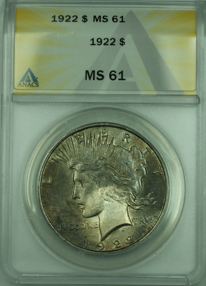 1922 ANACS MS61 Peace Dollar Silver Coin Toned Philadelphia Mint: 1922 ANACS MS61 Peace Dollar Silver Coin Toned Philadelphia Mint This 1922 Peace Silver Dollar is graded MS-61 by ANACS and features attractive toning. Struck at the Philadelphia Mint, this uncirculat