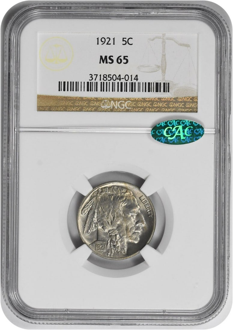1921 Buffalo Nickel MS65 NGC CAC Uncirculated 5C Nickel: 1921 Buffalo Nickel MS65 NGC CAC Uncirculated 5C Nickel This 1921 Buffalo Nickel boasts an impressive MS66 grade, certified by NGC with a CAC designation, indicating its exceptional quality. The coin