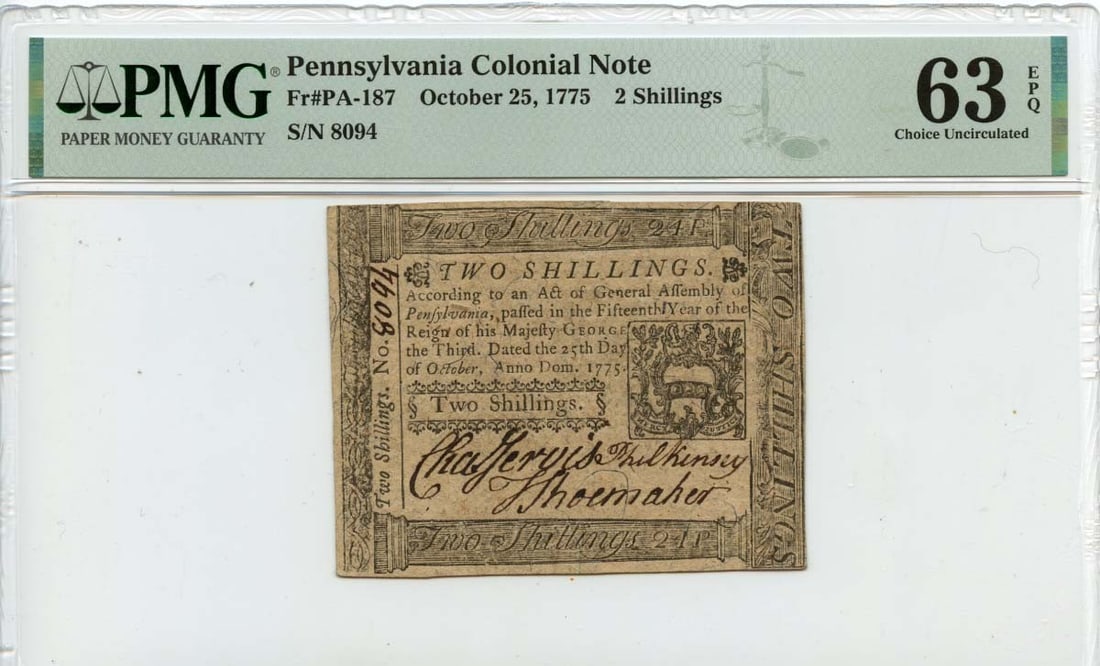 1775 Pennsylvania Colonial Note 2 Shillings PA-187 PMG MS63 Uncirculated (1 of 2)
