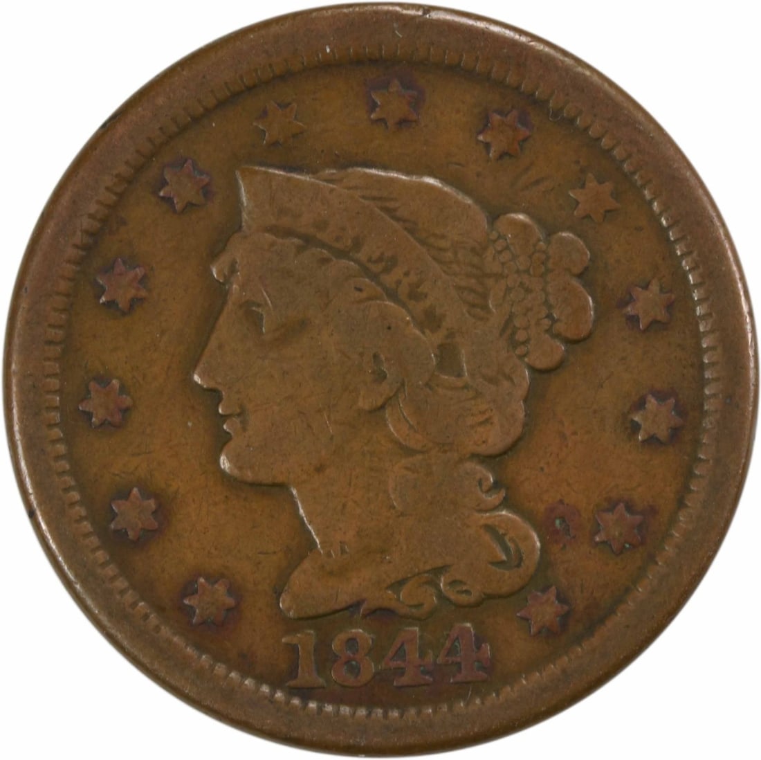 1844 Large Cent Braided Hair Copper Coin by Christian Gobrecht (1 of 2)