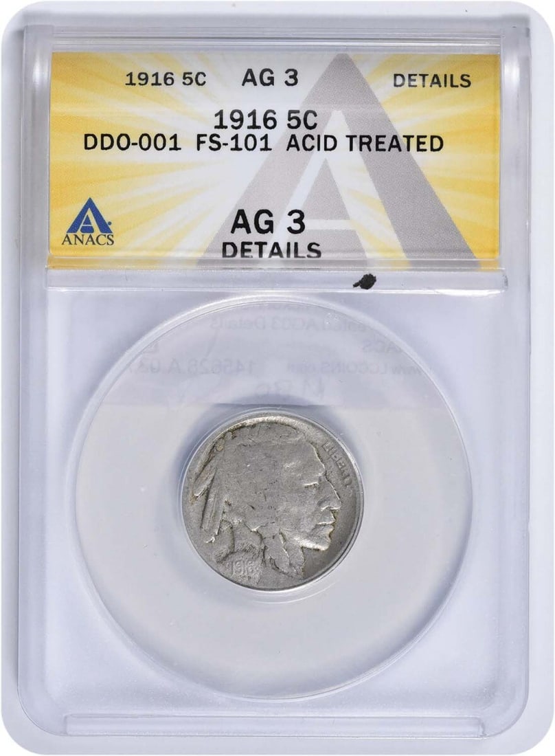 ANACS AG03 1916 Buffalo Nickel FS-101 With Acid Treatment United States 5C: ANACS AG03 1916 Buffalo Nickel FS-101 With Acid Treatment United States 5C This is a 1916 Buffalo Nickel FS-101 from the United States, featuring an acid treatment and certified by ANACS with an AG03