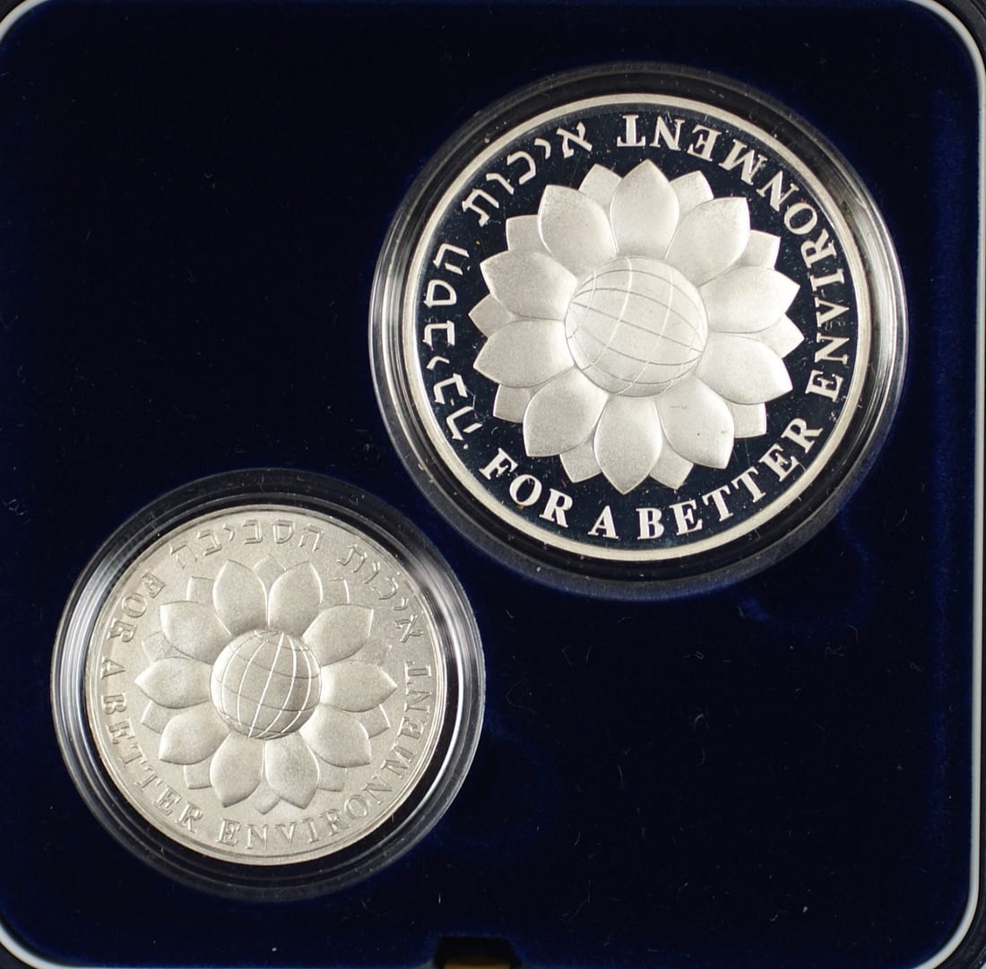 Israel 1994 Independence Day Silver Two Coin Proof and Uncirculated Set with COA: Israel 1994 Independence Day Silver Two Coin Proof and Uncirculated Set with COA This 1994 Israel New Sheqalim Independence Day set features two sterling silver coins commemorating "For a Better Envir