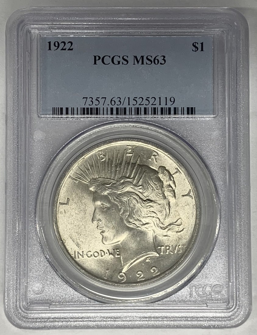 PCGS MS 63 1922 Peace Dollar Silver Coin United States Certified: PCGS MS 63 1922 Peace Dollar Silver Coin United States Certified This 1922 Peace Silver Dollar is an uncirculated coin graded MS 63 and certified by PCGS. It features a denomination of $1 and is compo