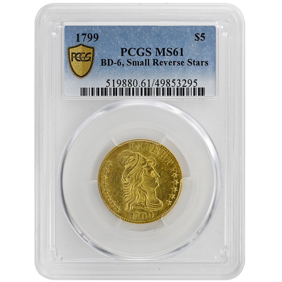 1799 $5 Draped Bust Small Stars Reverse PCGS MS61 Rare Gold Coin: 1799 $5 Draped Bust Small Stars Reverse PCGS MS61 Rare Gold Coin This rare 1799 $5 BD-6 Small Stars Reverse Draped Bust coin showcases exceptional quality with a grade of MS61 from PCGS. Struck at the