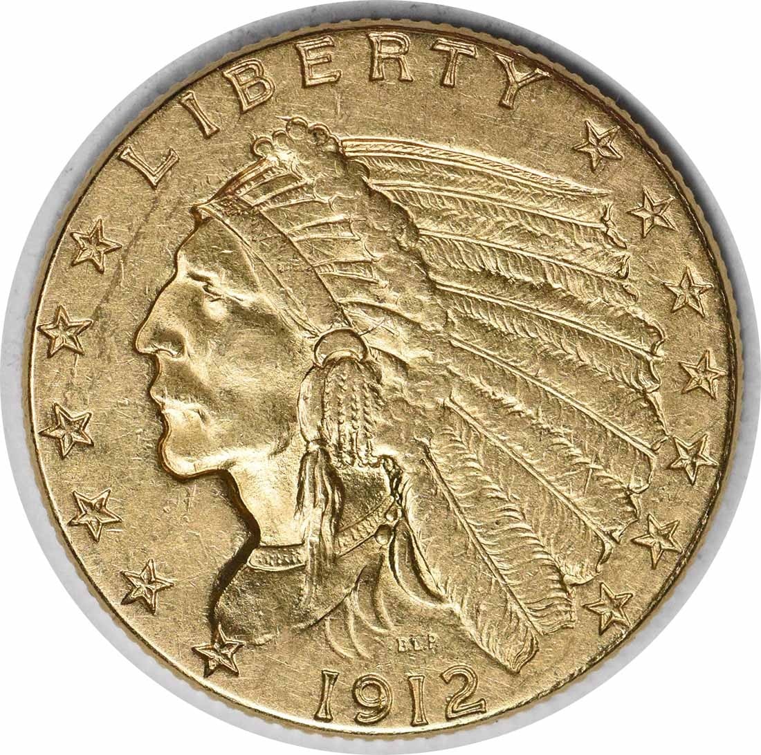 1912 $2.50 Gold Indian Coin AU by Bela Lyon Pratt: 1912 $2.50 Gold Indian Coin AU by Bela Lyon Pratt This is a 1912 $2.50 Gold Indian coin, featuring the renowned design by Bela Lyon Pratt. Struck at the Philadelphia mint, it is composed of 90% gold a
