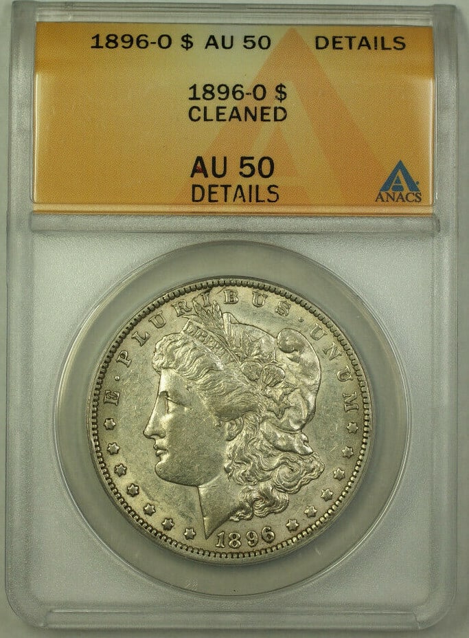 ANACS AU-50 1896-O Morgan Dollar Silver Coin Cleaned New Orleans Mint: ANACS AU-50 1896-O Morgan Dollar Silver Coin Cleaned New Orleans Mint This 1896-O Morgan Silver Dollar is a $1 coin from the United States, minted in New Orleans. Certified by ANACS with a grade of AU