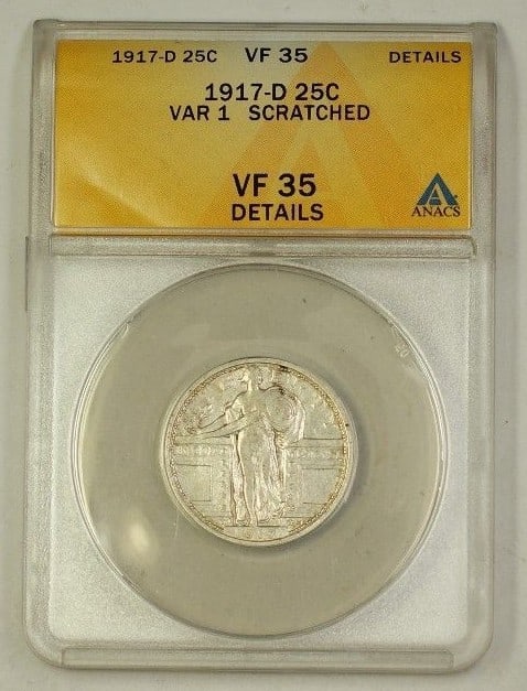 1917-D Standing Liberty Quarter ANACS VF-35 Silver 25c Variety 1 Scratched: 1917-D Standing Liberty Quarter ANACS VF-35 Silver 25c Variety 1 Scratched This is a 1917-D Standing Liberty Quarter, certified by ANACS with a grade of VF-35 Details. The coin is composed of silver a