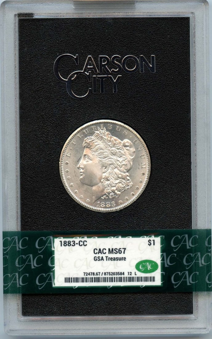 1883-CC Morgan Dollar GSA HOARD CACG MS67 Uncirculated Coin: 1883-CC Morgan Dollar GSA HOARD CACG MS67 Uncirculated Coin This 1883-CC Morgan Dollar is a stunning example of American coinage, certified as MS67 by CACG, indicating its exceptional quality. Minted