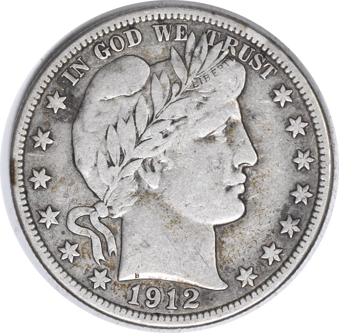 1912 San Francisco Barber Half Dollar 90 Percent Silver VF Grade Uncertified: 1912 San Francisco Barber Half Dollar 90 Percent Silver VF Grade Uncertified This 1912-S Barber Half Dollar is a circulated coin from the United States, minted in San Francisco. Graded as VF (Very Fin