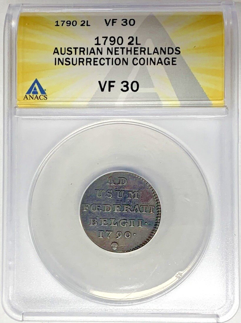 1790 Copper 2 Liards Netherlands Insurrection Coin ANACS VF 30 Certified: 1790 Copper 2 Liards Netherlands Insurrection Coin ANACS VF 30 Certified This 1790 Austrian Netherlands 2 Liards coin is an example of Insurrection Coinage. Certified by ANACS with a VF 30 grade, it i