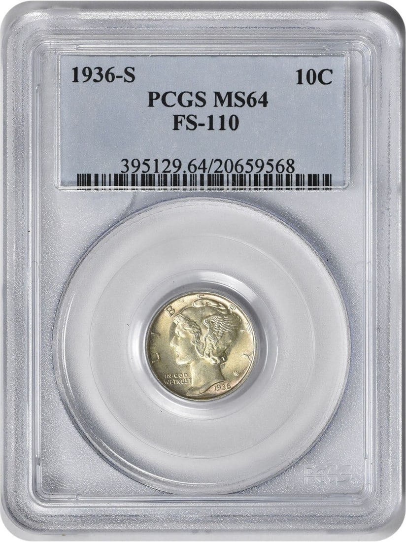 1936-S Mercury Dime MS64 Certified by PCGS 90% Silver (1 of 2)