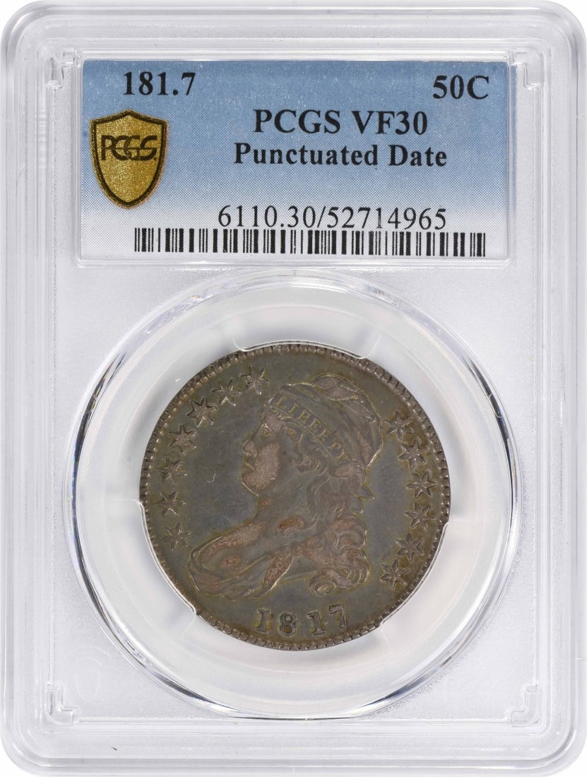 1817 Bust Silver Half Dollar 50C VF30 PCGS Certified: 1817 Bust Silver Half Dollar 50C VF30 PCGS Certified This 1817 Bust Silver Half Dollar is a remarkable piece of numismatic history, certified by PCGS and graded as VF30. Struck at the Philadelphia min