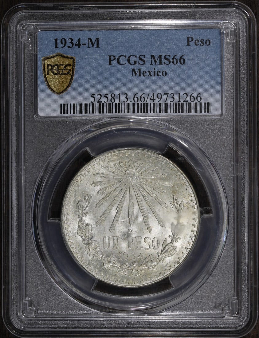 1934 Mexico Silver Peso 1 Peso MS66 PCGS Superb Gem: 1934 Mexico Silver Peso 1 Peso MS66 PCGS Superb Gem This stunning 1934 Mexico Silver Peso is graded MS66 by PCGS, indicating its superb gem quality. The coin features a denomination of 1 Peso and is c
