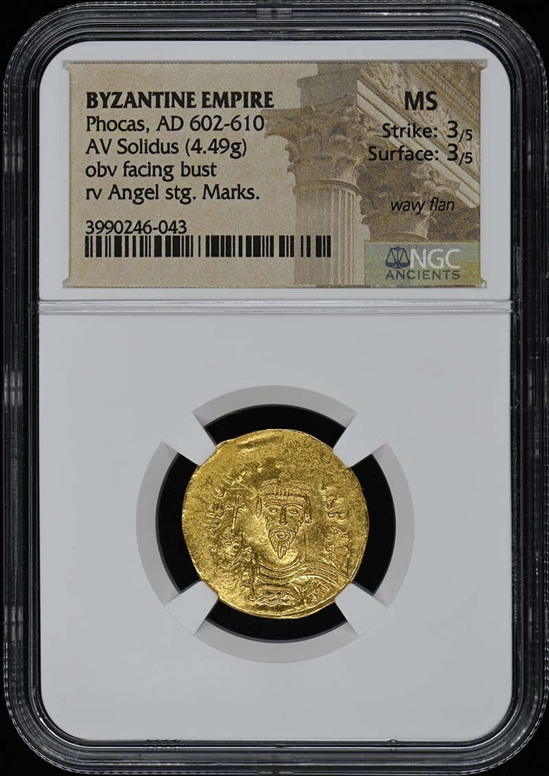 AD 602-610 Byzantine Empire Phocas AV Solidus NGC MS Certified Coin: AD 602-610 Byzantine Empire Phocas AV Solidus NGC MS Certified Coin This gold solidus coin was minted during the reign of Emperor Phocas of the Byzantine Empire, dating from AD 602 to 610. It features