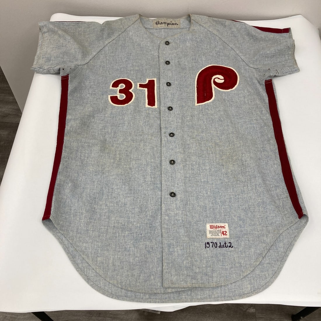 1970 Billy Champion Game Used Philadelphia Phillies Jersey MEARS A10 COA: 1970 Billy Champion Game Used Philadelphia Phillies Jersey MEARS A10 COA This is a rare 1970 Game Used Philadelphia Phillies Jersey worn by Billy Champion, a notable player from the Rookie Era. Offici