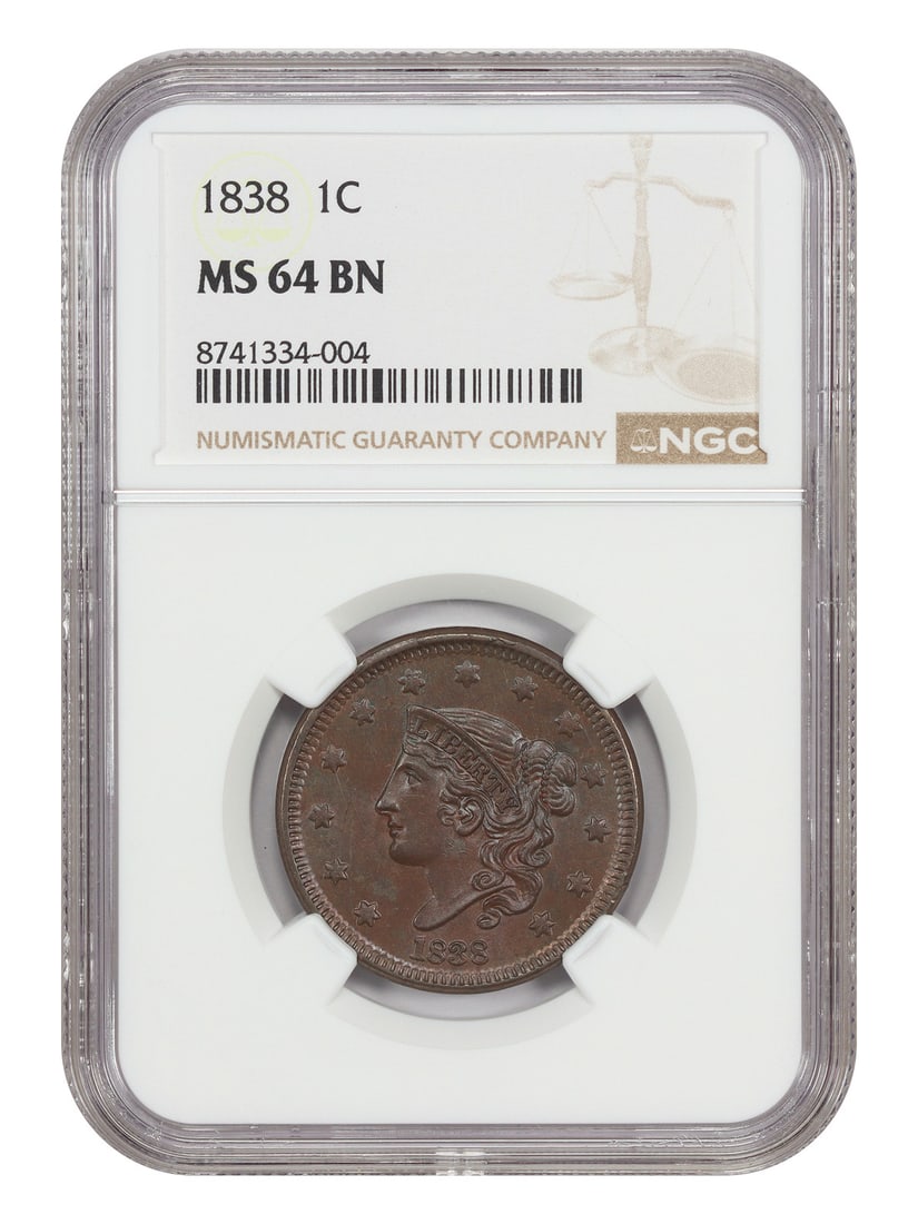 NGC MS64BN 1838 Coronet Head One Cent Coin: NGC MS64BN 1838 Coronet Head One Cent Coin This 1838 Coronet Head Cent is graded MS64BN by NGC, indicating a Mint State coin with a brown designation. The coin features satiny, smooth surfaces with de
