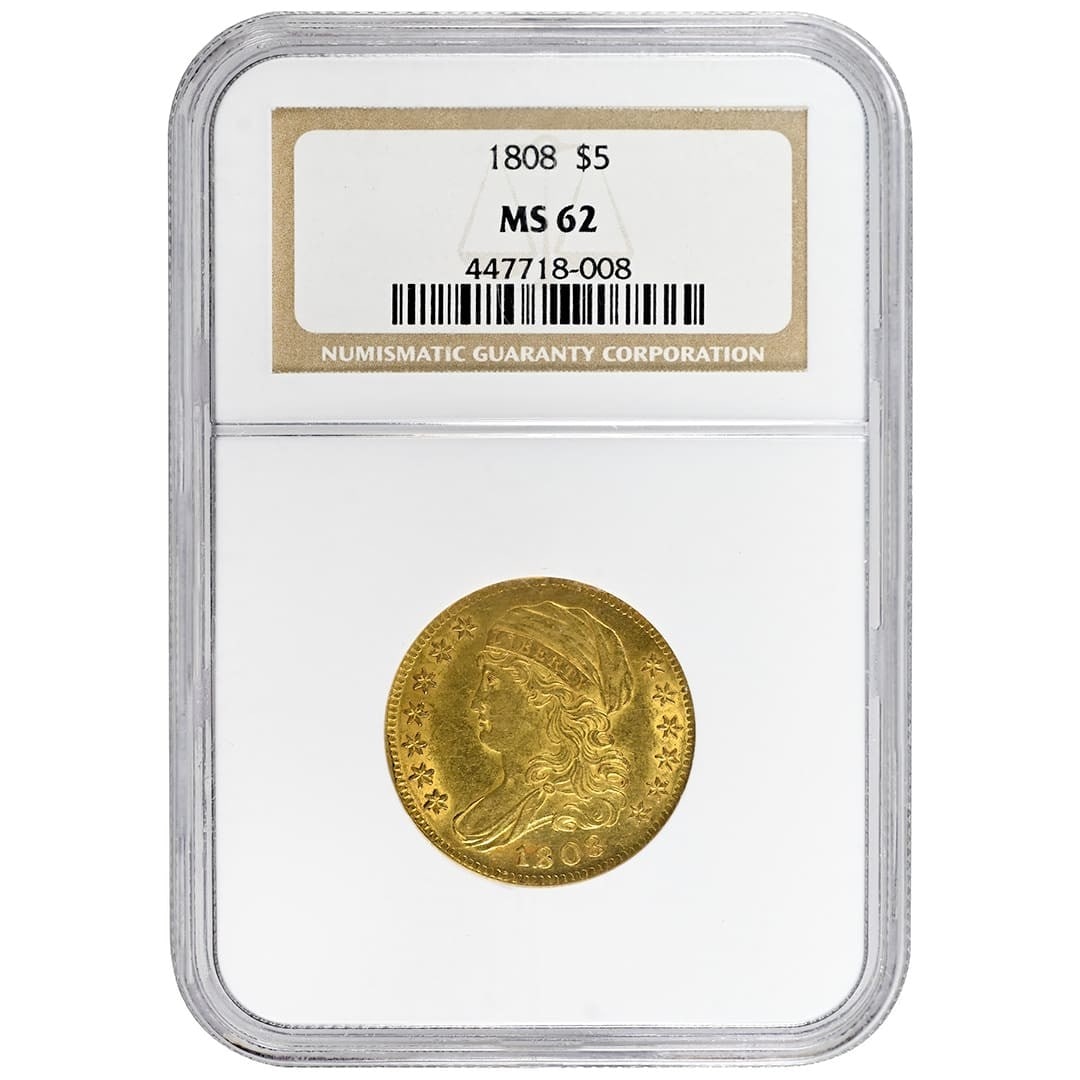 1808 $5 Capped Bust Gold Coin NGC MS62 Rare Type 1: 1808 $5 Capped Bust Gold Coin NGC MS62 Rare Type 1 This 1808 $5 Capped Bust coin is a rare collectible from the United States, showcasing exquisite craftsmanship from the Philadelphia mint. It feature
