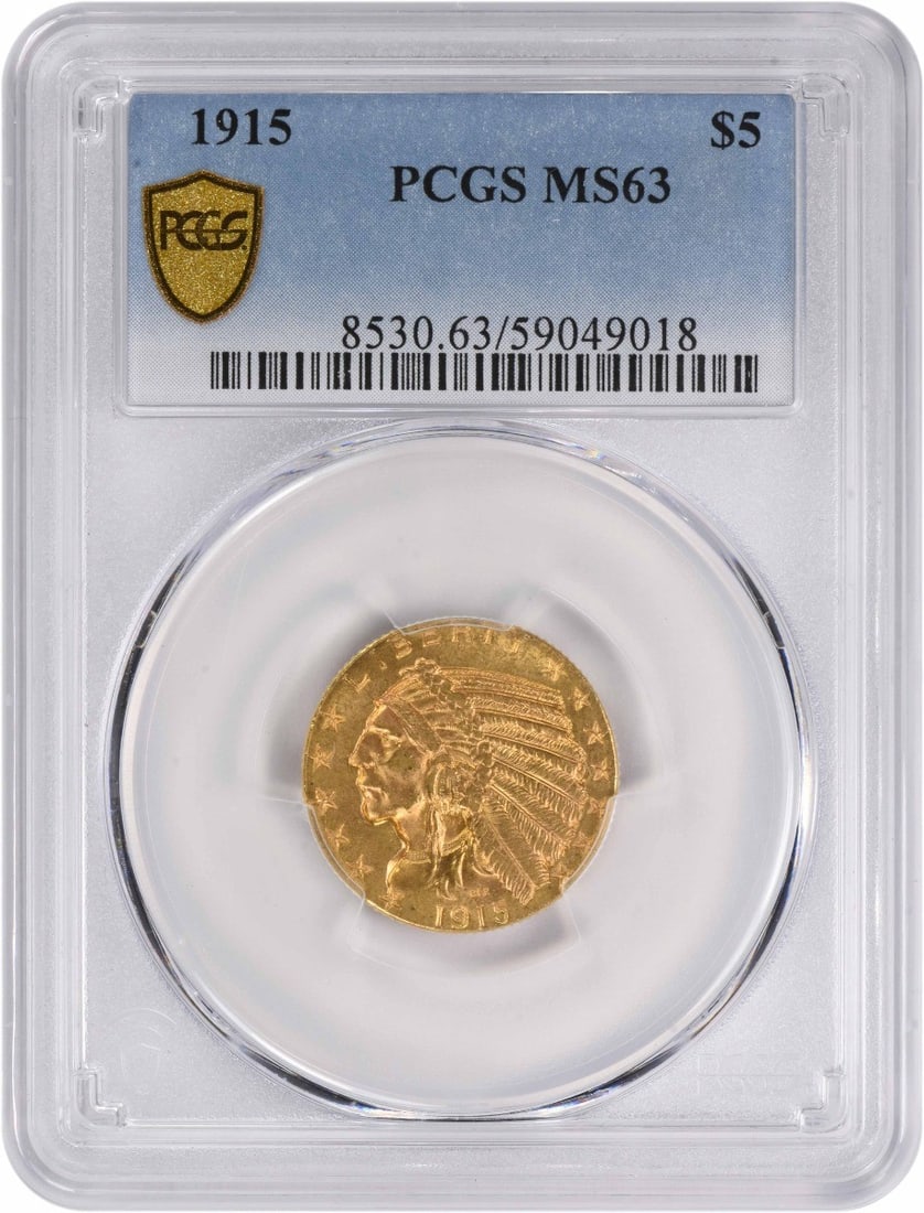 1915 $5 Gold Indian Coin MS63 PCGS Uncirculated: 1915 $5 Gold Indian Coin MS63 PCGS Uncirculated This 1915 $5 Gold Indian coin, graded MS63 by PCGS, showcases exceptional uncirculated quality. Struck in Philadelphia, the coin features a composition