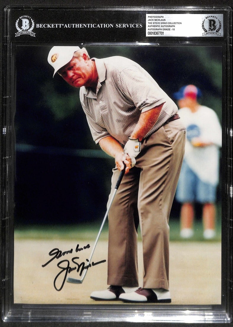 Jack Nicklaus Signed 8x10 Photo Beckett Auto Grade 10 Golden Bear: Jack Nicklaus Signed 8x10 Photo Beckett Auto Grade 10 Golden Bear This listing features an impressive 8x10 color photograph hand-signed by golf legend Jack Nicklaus, widely regarded as the greatest go