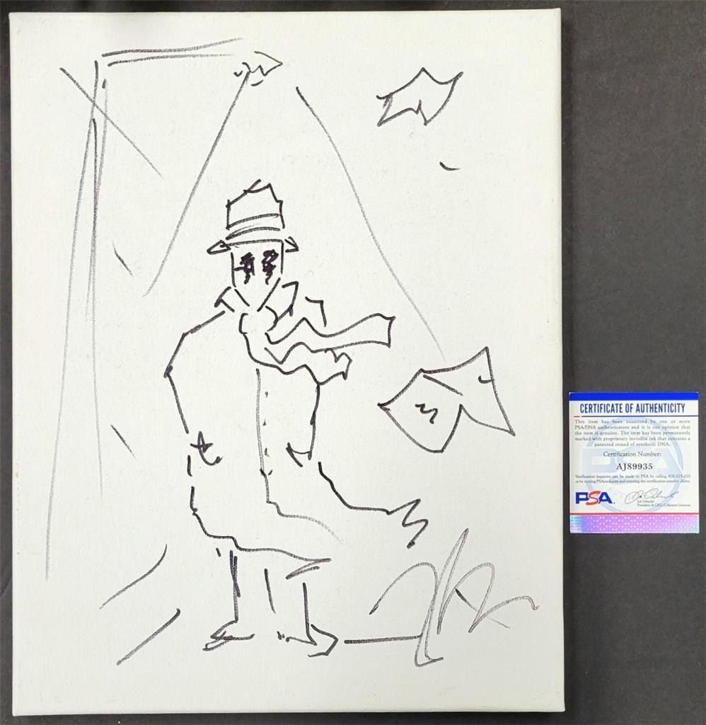 Zack Snyder Signed 11x14 Watchmen Canvas Sketch PSA Authenticated: Zack Snyder Signed 11x14 Watchmen Canvas Sketch PSA Authenticated This is a hand-drawn original canvas sketch from the iconic film 'Watchmen', measuring 11x14 inches. The artwork is signed by director