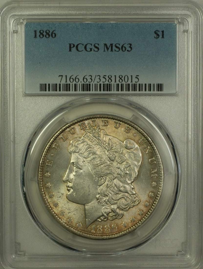 PCGS MS-63 1886 Morgan Silver Dollar Uncirculated Light Toning: PCGS MS-63 1886 Morgan Silver Dollar Uncirculated Light Toning This 1886 Morgan Silver Dollar is a $1 coin from the United States, certified by PCGS with a grade of MS-63. Struck at the Philadelphia M