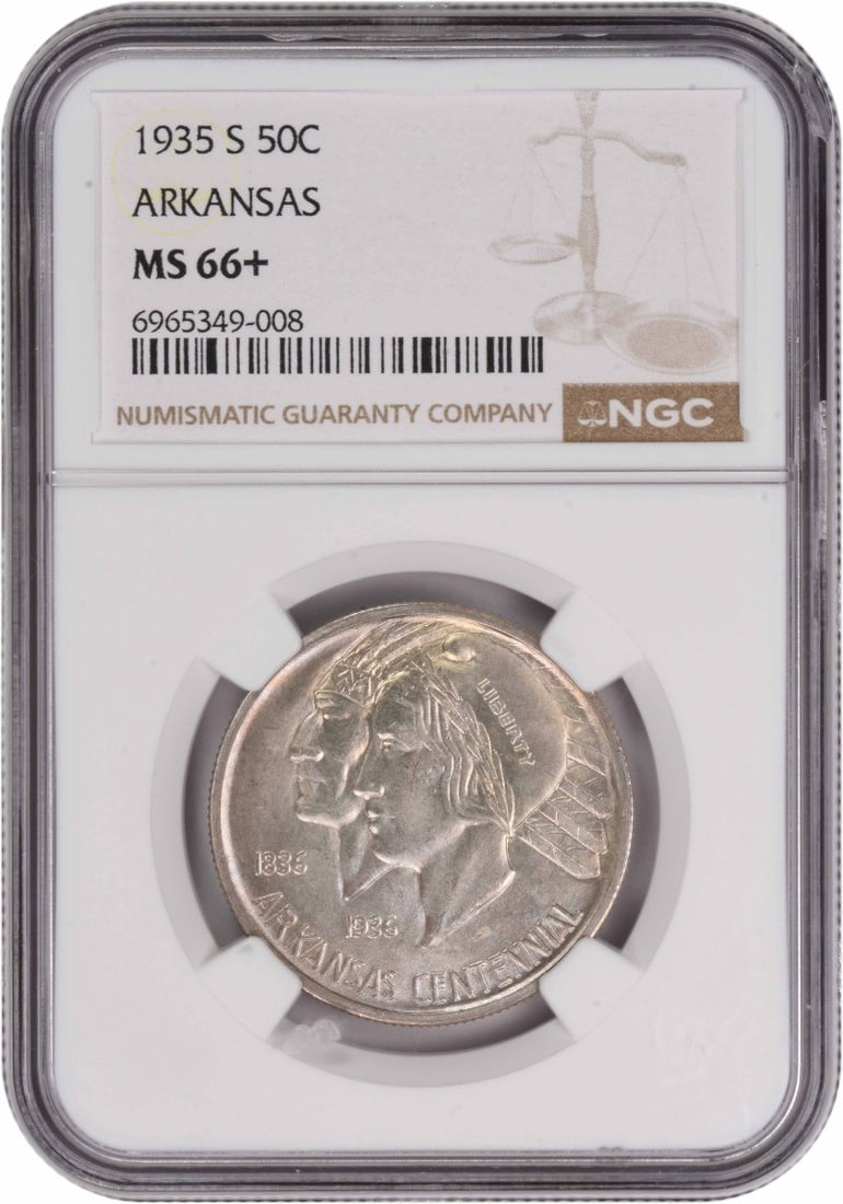 1935-S Arkansas Commemorative Silver Half Dollar MS66+ NGC Certified: 1935-S Arkansas Commemorative Silver Half Dollar MS66+ NGC Certified This Arkansas Commemorative Silver Half Dollar, minted in 1935 at the San Francisco Mint, showcases a stunning MS66+ grade from NGC