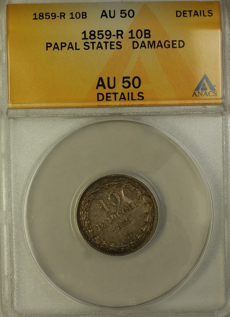 ANACS AU-50 1859-R Silver 10 Baiocchi Papal States Coin Damaged: ANACS AU-50 1859-R Silver 10 Baiocchi Papal States Coin Damaged This 1859-R Papal States 10 Baiocchi silver coin features Pope Pius IX and is certified by ANACS with an AU-50 Details grade, noted as d