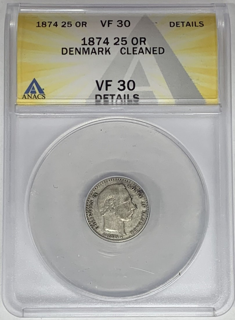ANACS Certified 1874 Denmark Silver 25 Ore Coin VF 30 Details: ANACS Certified 1874 Denmark Silver 25 Ore Coin VF 30 Details This 1874 Denmark 25 Ore coin is composed of silver and has been graded VF 30 by ANACS. The coin has been cleaned and is certified by ANAC