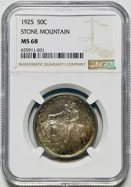 1925 Silver Commemorative Stone Mountain Dollar NGC MS68: 1925 Silver Commemorative Stone Mountain Dollar NGC MS68 This is a stunning 1925 Classic Commemorative Stone Mountain Memorial coin, certified by NGC with a high grade of MS 68, indicating it is in un