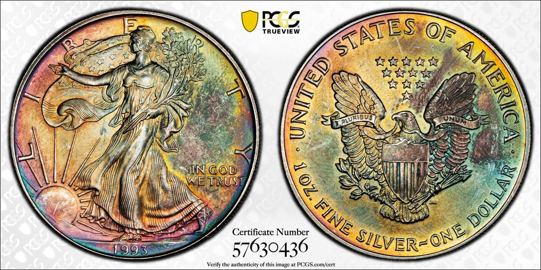 1993 MS65 Rainbow Toned American Silver Eagle $1 ASE PCGS Certified: 1993 MS65 Rainbow Toned American Silver Eagle $1 ASE PCGS Certified This exquisite 1993 American Silver Eagle coin features a stunning rainbow toning, showcasing its unique character. With a compositi