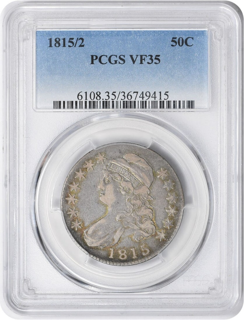 1815 Bust Silver Half Dollar VF35 PCGS Certified Coin: 1815 Bust Silver Half Dollar VF35 PCGS Certified Coin This 1815/2 Bust Silver Half Dollar features a striking design by John Reich, encapsulating a piece of early American history. Graded VF35 by PCGS