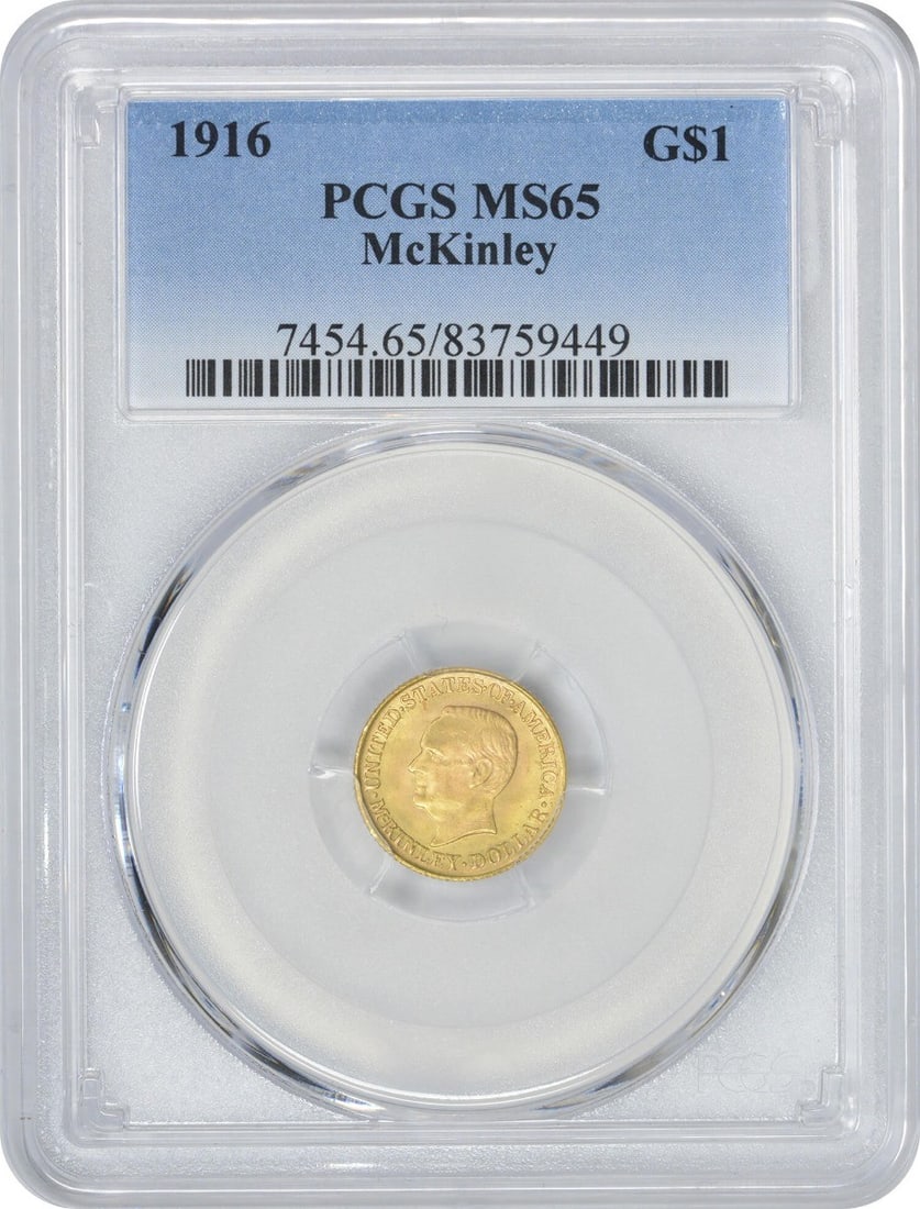 1916 McKinley $1 Gold Coin MS65 PCGS Commemorative: 1916 McKinley $1 Gold Coin MS65 PCGS Commemorative This 1916 McKinley $1 Gold coin is a remarkable collectible piece, certified by PCGS with a grade of MS65, indicating its uncirculated condition. Str