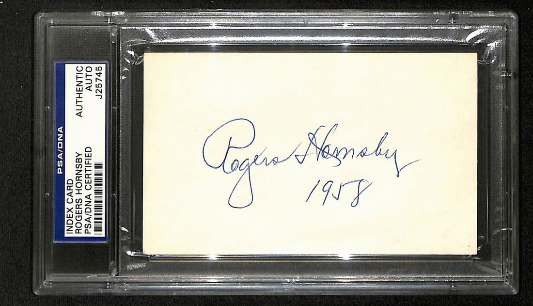 Rogers Hornsby HOF Autographed 3x5 Post Card St. Louis Browns PSA/DNA: Rogers Hornsby HOF Autographed 3x5 Post Card St. Louis Browns PSA/DNA This is an autographed 3x5 postcard featuring baseball legend Rogers Hornsby, a Hall of Fame player known for his outstanding care