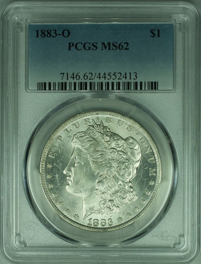 PCGS MS62 1883-O Morgan Silver Dollar with Distinct Die Break: PCGS MS62 1883-O Morgan Silver Dollar with Distinct Die Break This is an 1883-O Morgan Silver Dollar coin certified by PCGS with a grade of MS-62. Minted in New Orleans, this uncirculated coin feature