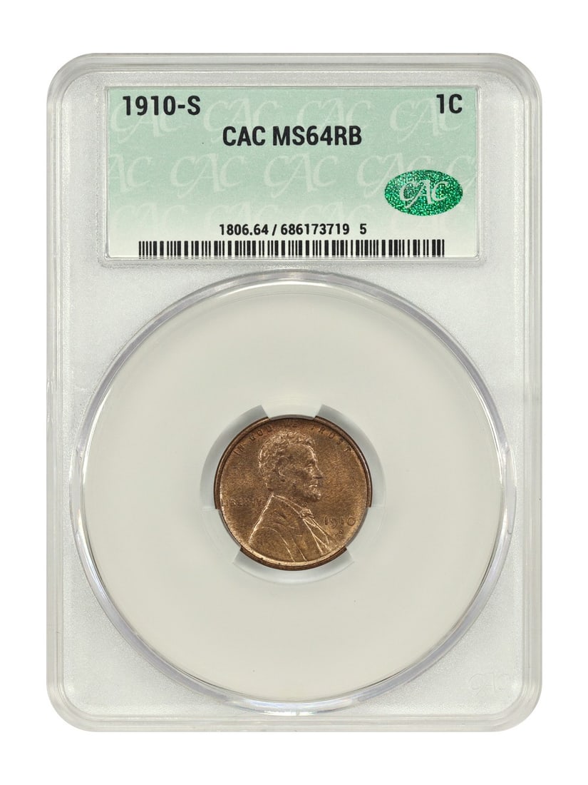 1910 San Francisco Lincoln Wheat Cent CACG MS64RB: 1910 San Francisco Lincoln Wheat Cent CACG MS64RB This 1910-S Lincoln Cent (Wheat Reverse) is an un-used, pre-owned coin graded MS64RB by CACG. Struck in San Francisco, this 1-cent piece features the