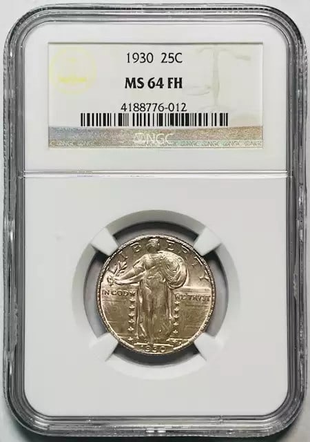 NGC MS64 FH 1930 Silver Standing Liberty Quarter Coin: NGC MS64 FH 1930 Silver Standing Liberty Quarter Coin This is a 1930 Standing Liberty Quarter graded MS-64 Full Head by NGC. The coin is composed of silver and is uncirculated, with certification numb