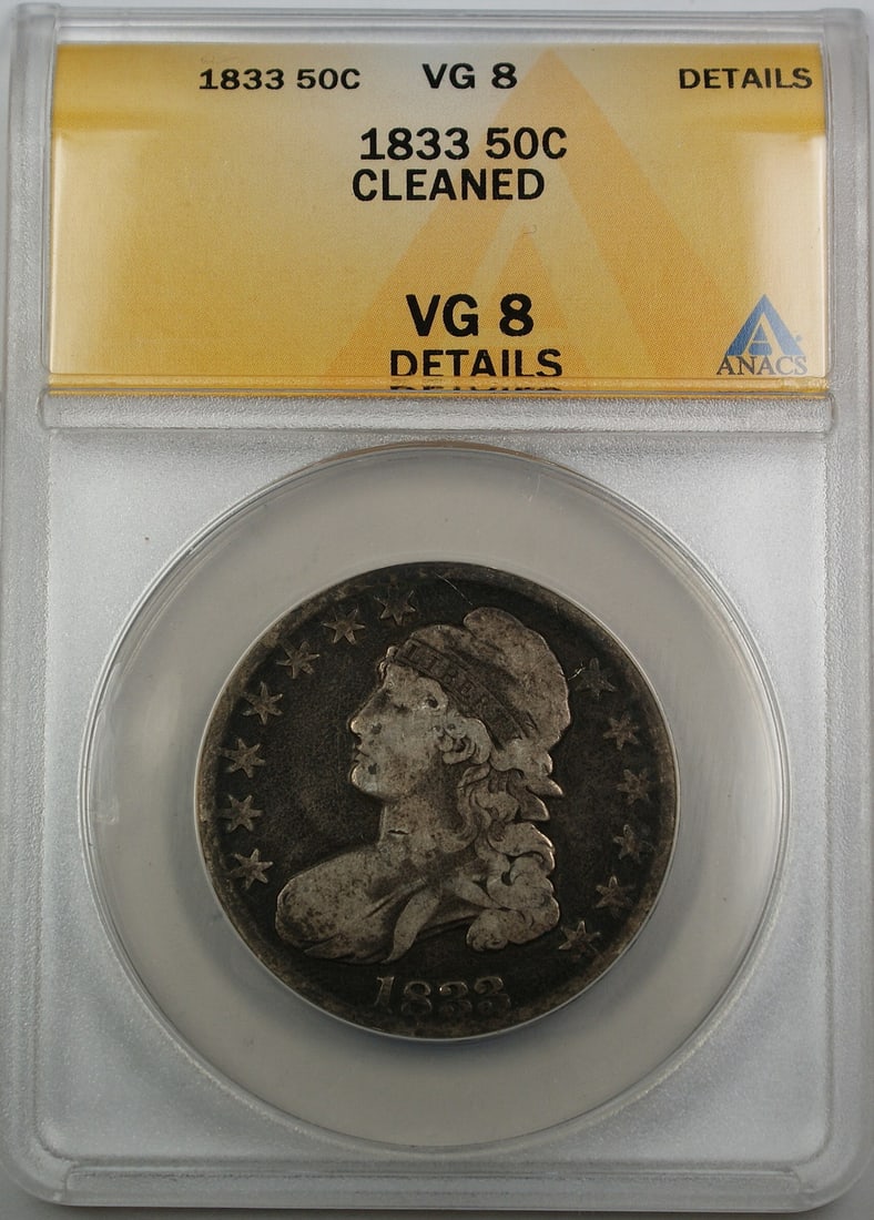 1833 Capped Bust Half Dollar Silver 50C ANACS VG-8 Graded Cleaned: 1833 Capped Bust Half Dollar Silver 50C ANACS VG-8 Graded Cleaned This 1833 Capped Bust silver half dollar is certified by ANACS with a grade of VG-8 Details. Minted in Philadelphia, the coin has been