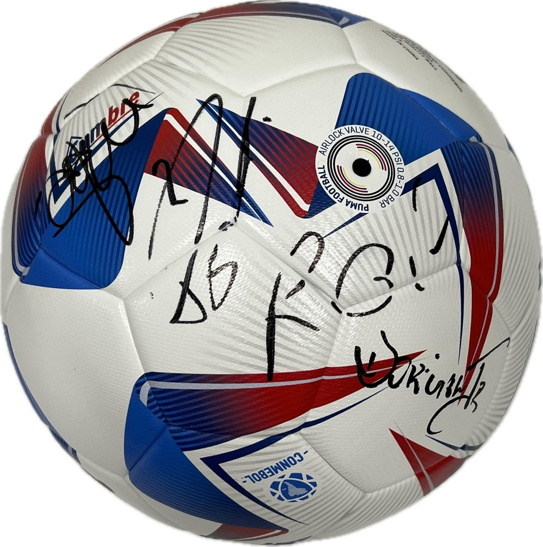 2024 Brazil Soccer Ball Signed PSA/DNA Marquinhos Paqueta Rodrygo: 2024 Brazil Soccer Ball Signed PSA/DNA Marquinhos Paqueta Rodrygo This original 2024 Copa America soccer ball features the authentic signatures of notable members of Team Brazil, including Marquinhos,