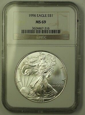 NGC MS-69 Graded 1996 Silver Eagle Dollar 1 Ounce .999 Fine Coin: NGC MS-69 Graded 1996 Silver Eagle Dollar 1 Ounce .999 Fine Coin This 1996 US American Silver Eagle $1 coin contains 1 troy ounce of .999 fine silver. Graded MS-69 GEM Brilliant Uncirculated by NGC, t