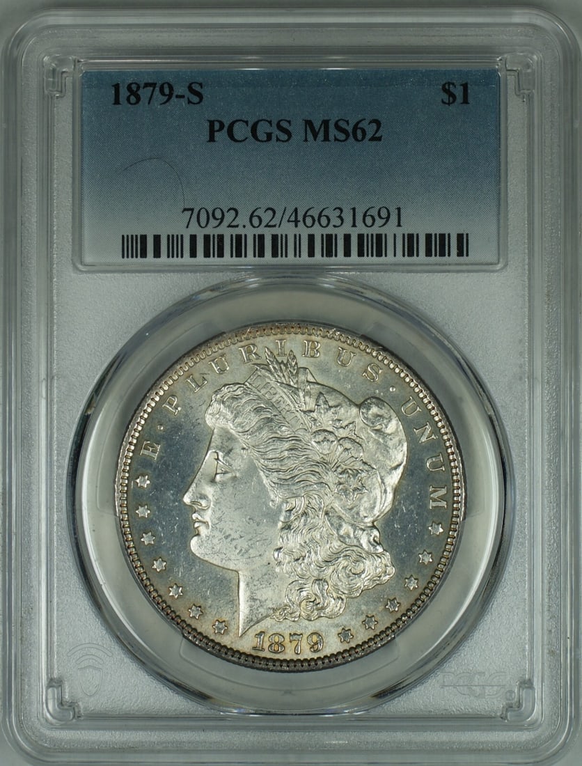 PCGS MS-62 1879-S Morgan Dollar San Francisco Silver Coin Light Toning: PCGS MS-62 1879-S Morgan Dollar San Francisco Silver Coin Light Toning This 1879-S Morgan Silver Dollar features light toning and is certified by PCGS with a grade of MS-62. The coin is uncirculated a