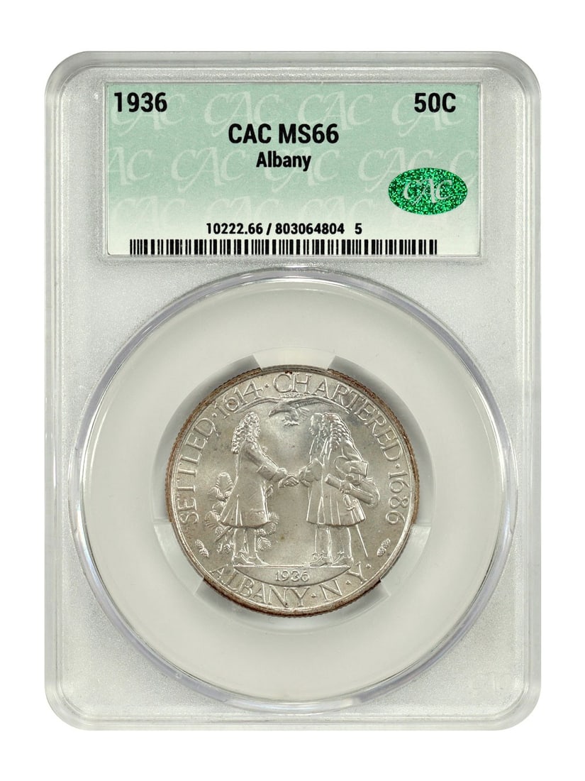 1936 Albany 50 Cent Silver Commemorative CACG MS66 Philadelphia Issue: 1936 Albany 50 Cent Silver Commemorative CACG MS66 Philadelphia Issue This 1936 Albany 50-cent coin is a classic silver commemorative issue, certified by CACG with a grade of MS66. Struck in Philadelp