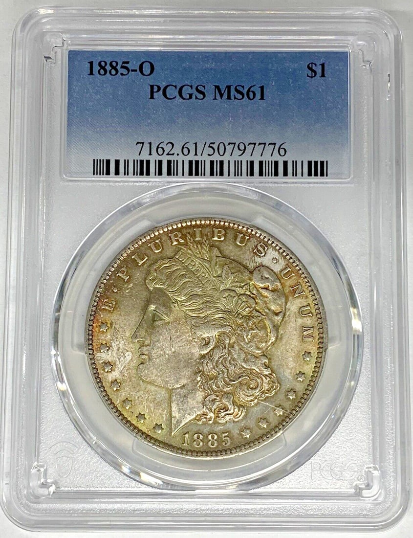 PCGS MS 61 1885-O Toned Morgan Silver Dollar Uncirculated Coin: PCGS MS 61 1885-O Toned Morgan Silver Dollar Uncirculated Coin This is an 1885-O Morgan Silver Dollar coin, featuring attractive toning and certified by PCGS with a grade of MS 61. The coin is uncircu