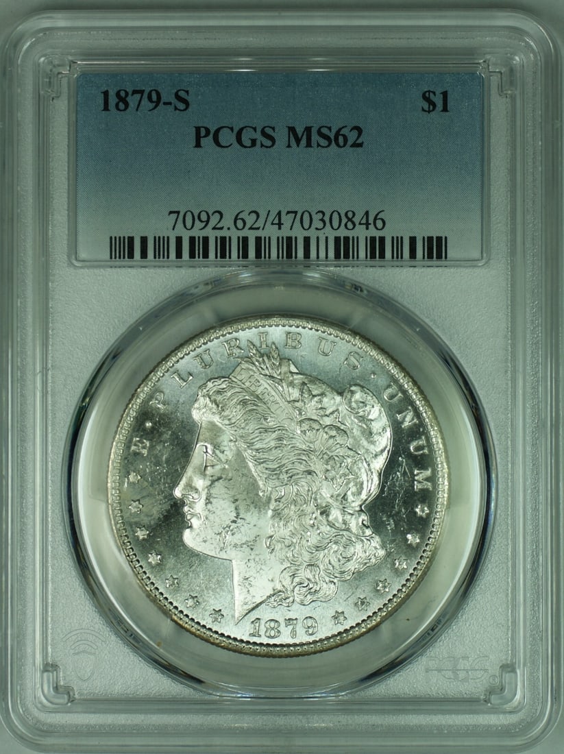 PCGS MS-62 1879-S Morgan Dollar Semi Proof-Like San Francisco Mint Silver Coin: PCGS MS-62 1879-S Morgan Dollar Semi Proof-Like San Francisco Mint Silver Coin This 1879-S Morgan Silver Dollar features semi proof-like surfaces and is graded MS-62 by PCGS. Struck at the San Francis