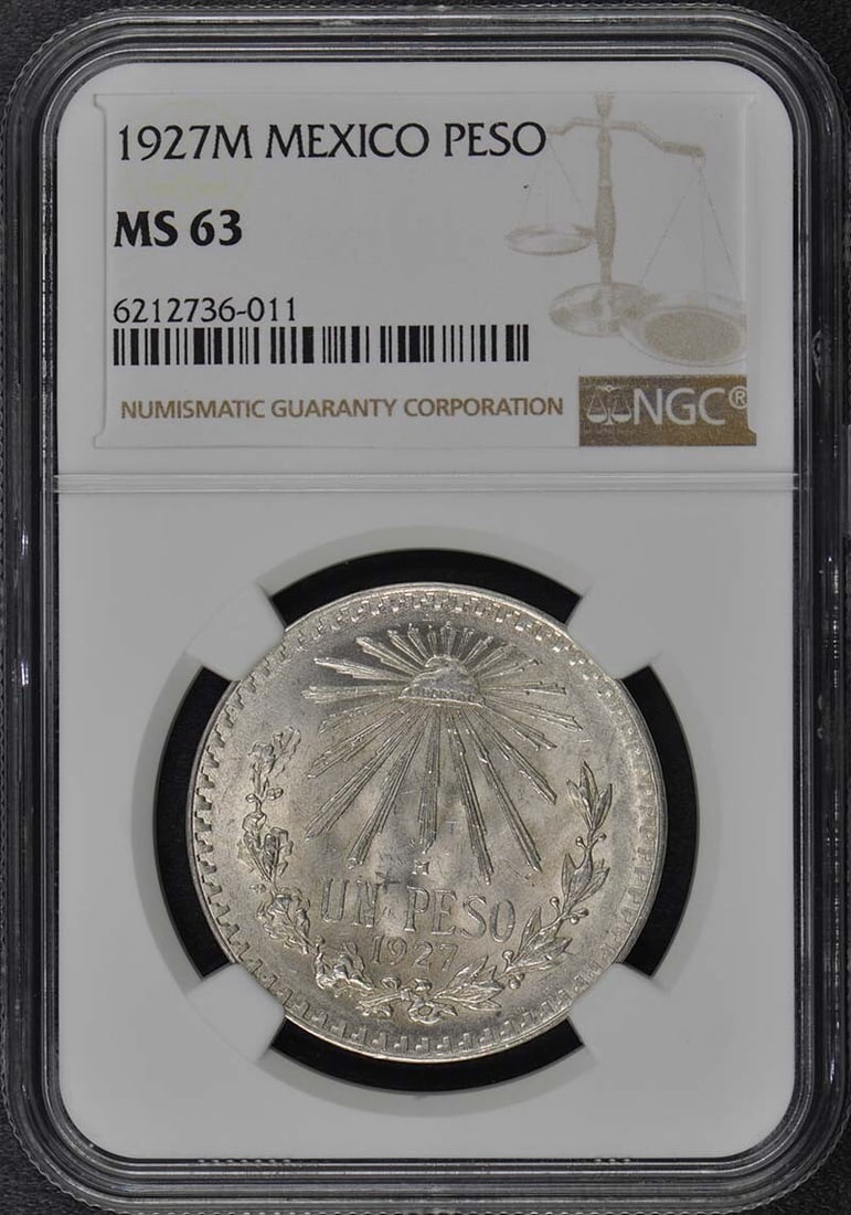 1927 Mexico Silver Peso NGC MS63 Uncirculated Coin: 1927 Mexico Silver Peso NGC MS63 Uncirculated Coin This 1927 Mexico Silver Peso is a remarkable piece of numismatic history, certified by NGC with a grade of MS63. This coin is in uncirculated conditi