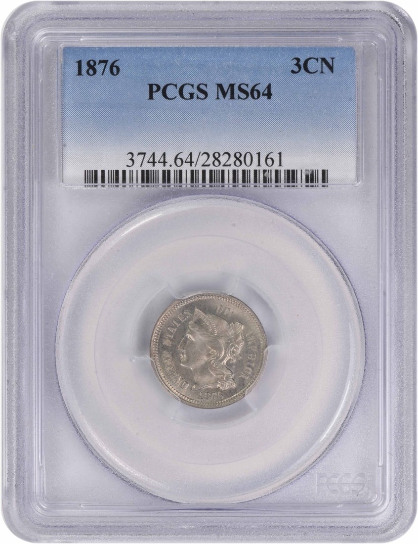 1876 Uncirculated Three Cent Nickel MS64 PCGS Certified: 1876 Uncirculated Three Cent Nickel MS64 PCGS Certified This 1876 Three Cent Nickel, graded MS64 by PCGS, is a stunning example of American numismatics. It features a composition of 75% copper and 25%