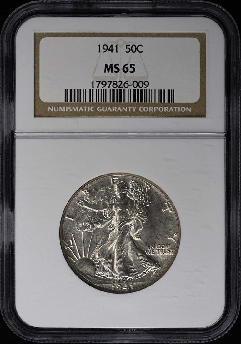 1941 Walking Liberty Half Dollar NGC MS65 Uncirculated: 1941 Walking Liberty Half Dollar NGC MS65 Uncirculated This 1941 Walking Liberty Half Dollar is certified by NGC with a grade of MS65, indicating it is in uncirculated condition. Struck at the Philade