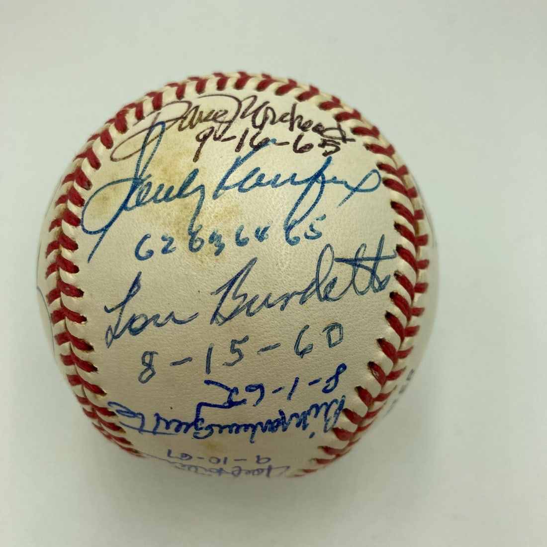 Sandy Koufax Multi Signed Baseball 14 Legends JSA COA: Sandy Koufax Multi Signed Baseball 14 Legends JSA COA This exceptional multi-signed baseball commemorates Sandy Koufax's perfect game and no-hitter, featuring a total of 14 signatures from legendary p